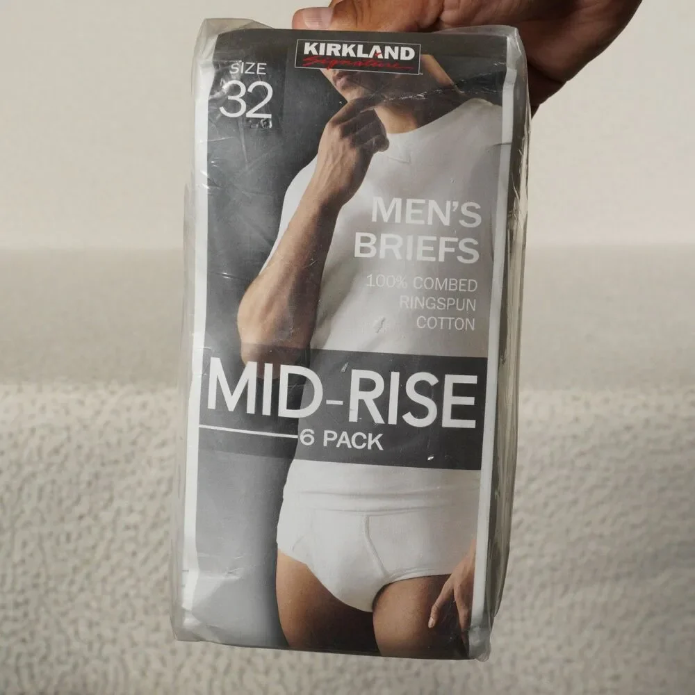 Kirkland Signature Mid-Rise Briefs 6-Pack Mens 32 White Combed Cotton Underwear
